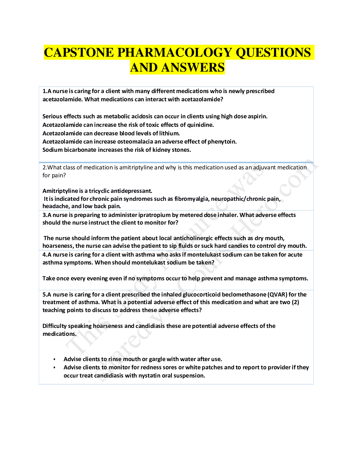 Preview image for NR 447 RN Capstone Pharmacology Questions and Answers, Latest 2021